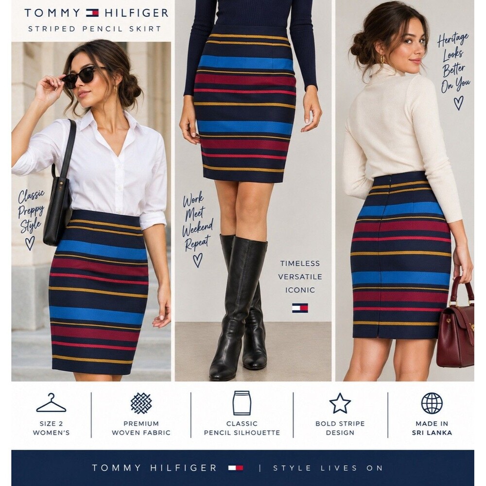 Tommy Hilfiger W 2 Striped Pencil Skirt Preppy Collegiate Rugb